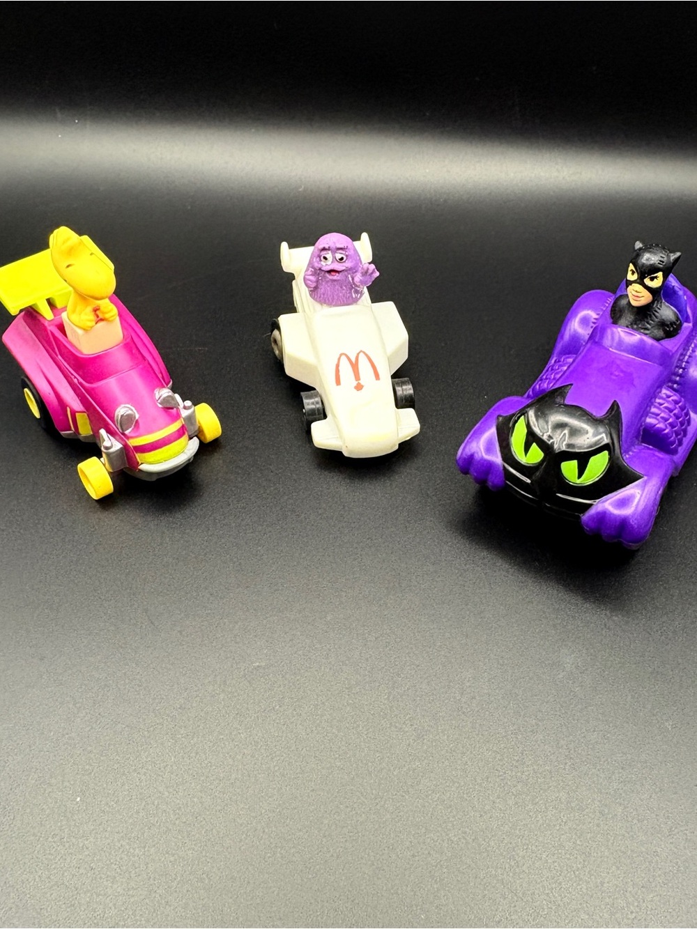 McDonald's Purple Cat Women & White Grimace Monster Race Car and Woodstock